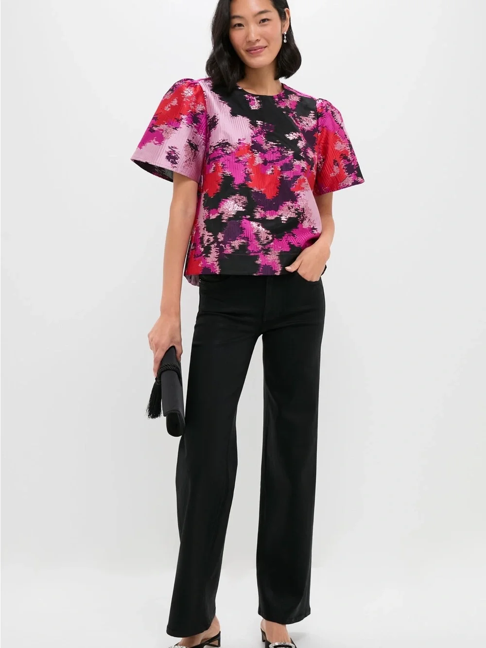 Tuckernuck Pomander Place Lyla Jacquard Puff Sleeve Blouse Pink Red Lurex S